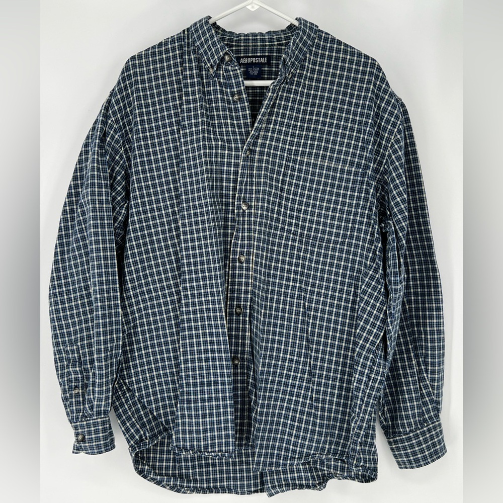 AEROPOSTALE COTTON BUTTON DOWN BLUE‎ PLAID SHIRT, TRADITIONAL, CHEST POCKET